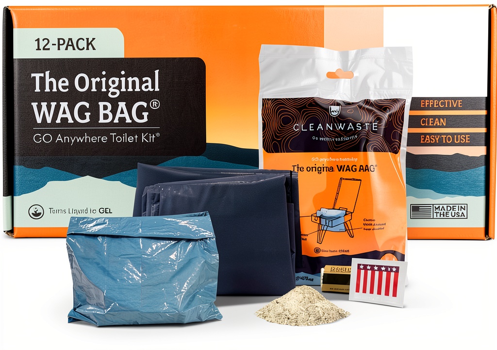 Cleanwaste WAG Bag Kit displayed with components on a outdoor background