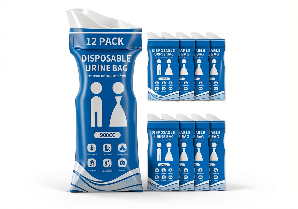 Portable urine bag packed in a backpack for camping