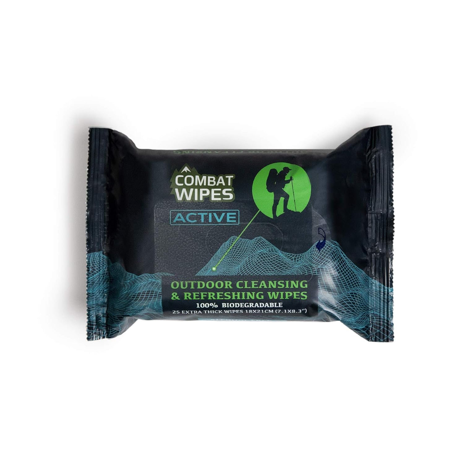 Combat Wipes Active biodegradable camping wipes being used on a rocky trail