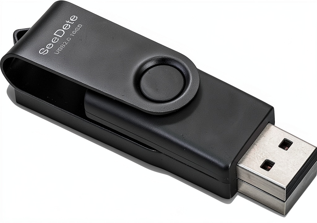 SeeDete 16GB USB flash drive metal clip attached to a keyring on a coffee shop table